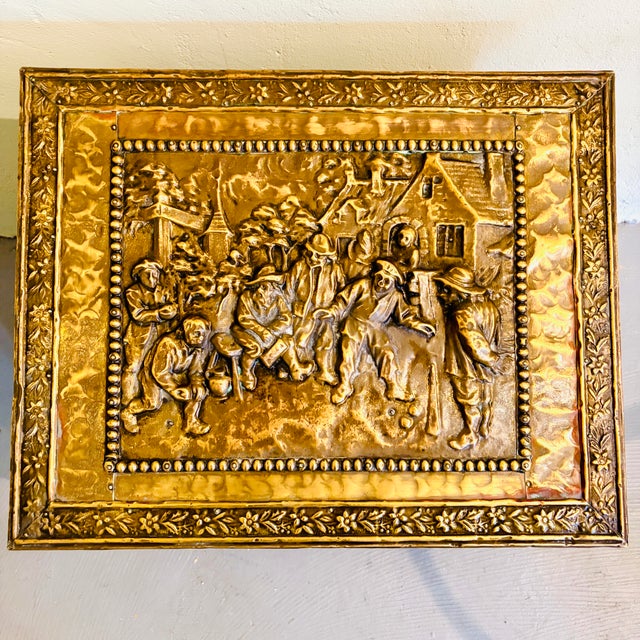 19th-Century Style English Repoussé Brass Fireside Coal & Kindling Box on Casters For Sale In Los Angeles - Image 6 of 12
