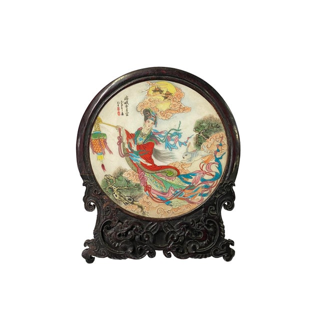 Wood Chinese Chang'e Moon Autumn Lantern Rabbit Them Stone Plaque Display For Sale - Image 7 of 7