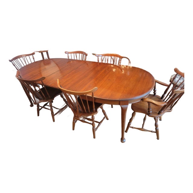 1971 Pennsylvania House Solid Cherry Dining Table & 6 Windsor Chairs (Van Sciver Retailer) For Sale