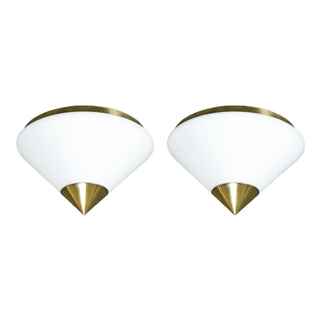 Mid-Century Frosted Glass Conical Flush-Mounts W/ Brass Fittings by Limburg For Sale