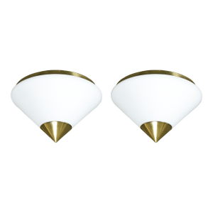 Mid-Century Frosted Glass Conical Flush-Mounts W/ Brass Fittings by Limburg