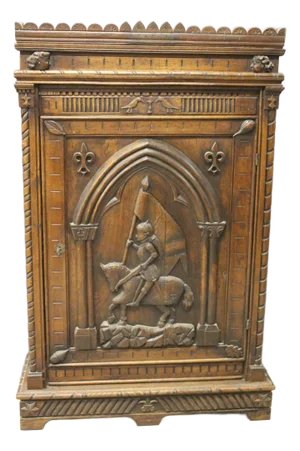 Henri II Style Bonnetière in Oak with Joan of Arc Decor, Late 19th Century