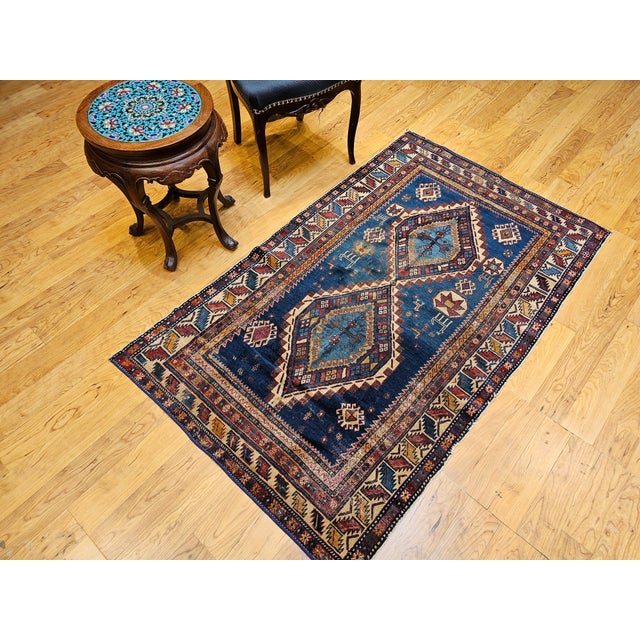 19th Century Caucasian Kazak Area Rug, Hand-Knotted Wool, Blue, Ivory For Sale - Image 11 of 13