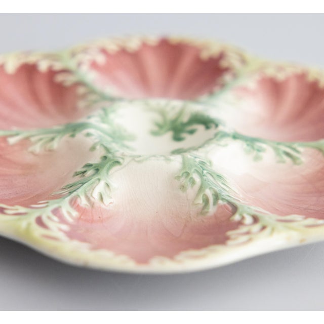 Keller & Guérin Antique French Keller and Guerin Luneville Majolica Pink Seaweed Oyster Plate, Circa 1890 For Sale - Image 4 of 6