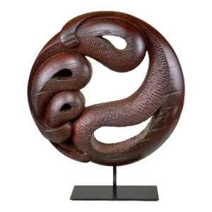 Vintage Asian Abstract Carved Rosewood Round Sculpture