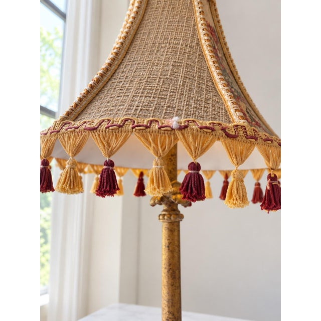 Antique Ornate Table Lamp With Embroidered Tassel Shade, Carved Decorative Base & Ribbed Glass Accent, Traditional French Style For Sale - Image 4 of 12