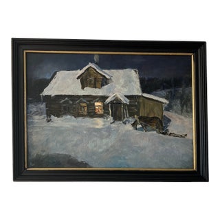 20th Century Eurooean School Oil on Canvason Board by V.Rozhkov Artist Titled Night Is Coming Made in 1994 Framed Signed For Sale