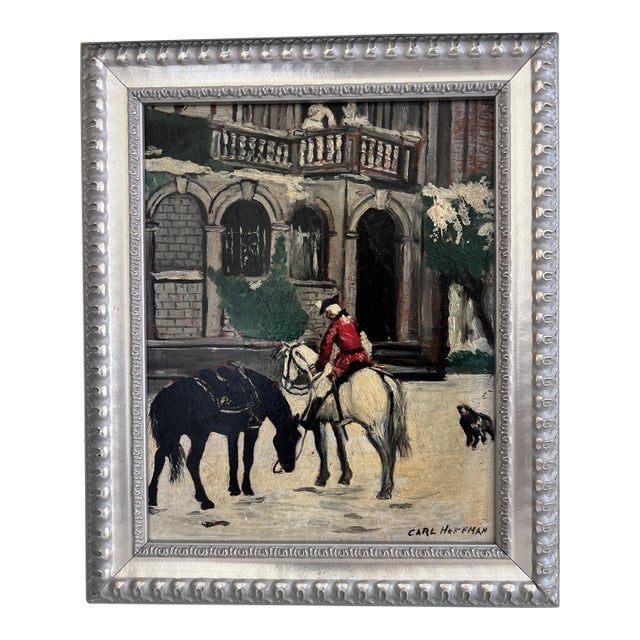 Carl Hoffman Original Oil Painting Horse Rider Dog Vintage European Landscape For Sale