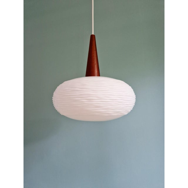 Tan Vintage Pendant Light in White Opaline and Teak, 1960 For Sale - Image 8 of 12