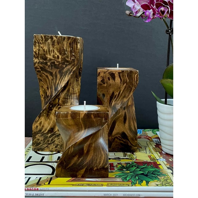 Twisted Faux Tortoise Painted Wood Candle Holders - Set of 3 For Sale - Image 4 of 13