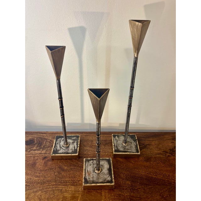 Mid-Century Modern Vintage American Studio Sculptural Brutalist Steel and Bronze Candlesticks For Sale - Image 3 of 7