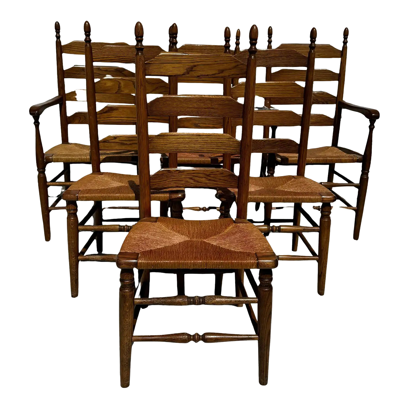 Mid 20th Century Set of 6 Rush Seat Walnut Ladderback Dining