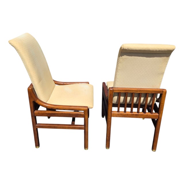 1980s 2 Henredon Scene One Campaign Dining Room Side Chairs MCM Oak Brass For Sale