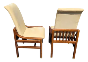 1980s 2 Henredon Scene One Campaign Dining Room Side Chairs MCM Oak Brass
