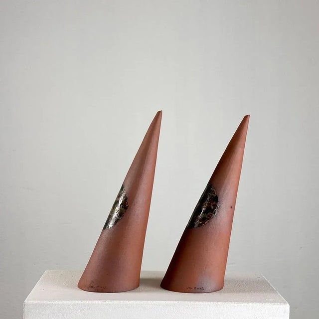Exquisite Hand-Painted Ceramic Decorative Cones attributed to Giancarlo Scapin, 1970s, Set of 2 For Sale - Image 3 of 12