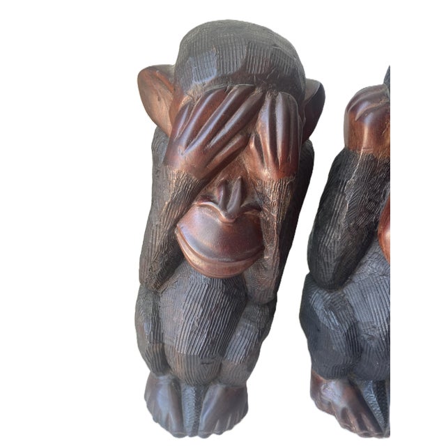 1970s Vintage Large Hand Carved Wise Monkeys Sculpture Set With Rare Fourth Monkey For Sale - Image 5 of 5