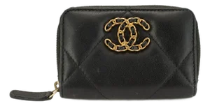 Chanel Lambskin Black Quilted Chanel 19 Zip Around Coin Purse Wallet Bag