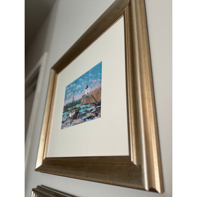 Blue Vintage Fanch Lel Sail Boat on the French Coast Original Oil and Gouache Painting, Framed For Sale - Image 8 of 11