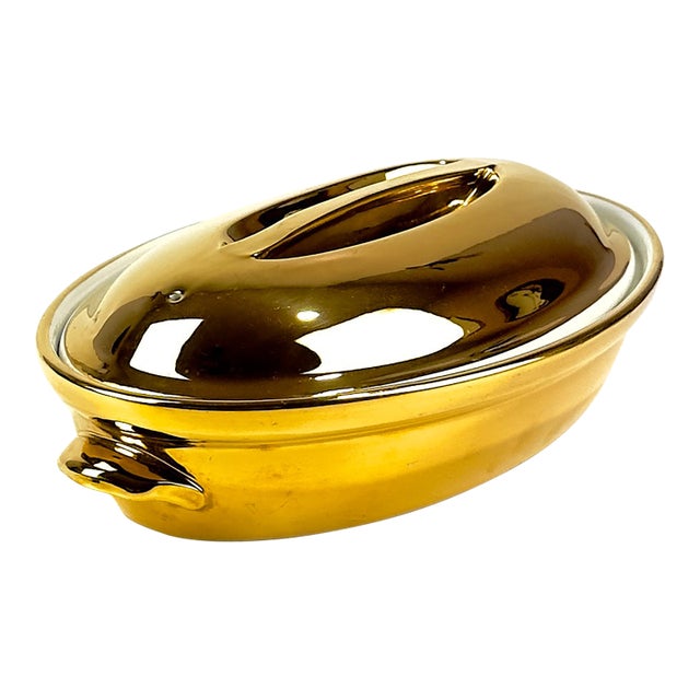 Stunning Vintage Mid-Century Modern Gold Lusterware Covered Casserole Dish by Royal Worcester, Made in England For Sale