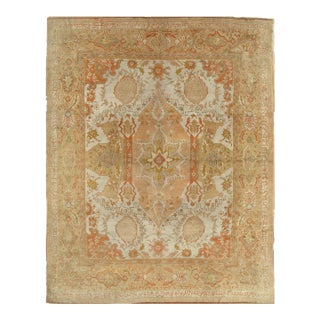 Antique Oushak Carpet, Handmade Oriental Rug, Ivory Field, Coral, Gray, Soft For Sale