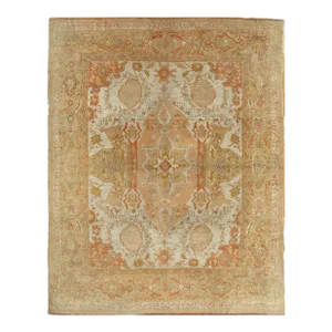 Antique Oushak Carpet, Handmade Oriental Rug, Ivory Field, Coral, Gray, Soft