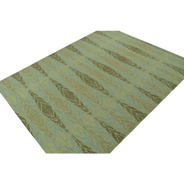 Rug & Kilim 2010s Rug & Kilim’s Scandinavian Style Kilim With Green Geometric Patterns on Blue For Sale - Image 4 of 8