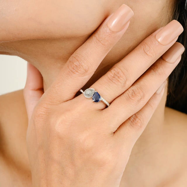 Not Yet Made - Made To Order 14k Gold Blue Sapphire Diamond Toi Et Moi Wedding Ring Size 6.5 For Sale - Image 5 of 11