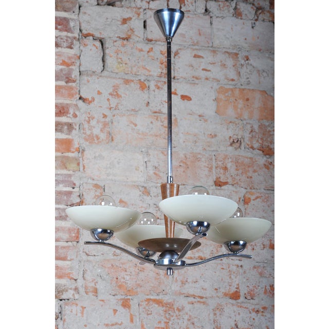 Art Deco Chandelier in Chromed Steel, Beech and Opal Glass, Czech, 1920s For Sale - Image 11 of 13