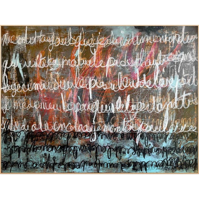 Rows of looping white handwriting run across a deep, earthy ground washed with rust, coral and turquoise, like lines...
