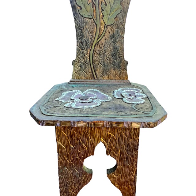 Liberty & Co. Early 20th Century Hand-Carved Chartreuse Chair With Anemone Motif Attributed to Liberty & Co, London For Sale - Image 4 of 16