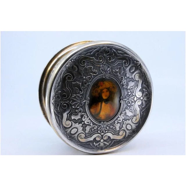 Silver Jewelry Box in Embossed Silver with Circular Plant Motifs, Gold Interior and Antique Lady Removable Lid For Sale - Image 8 of 10