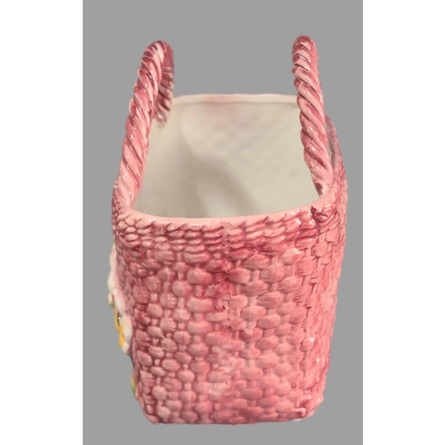 Late 20th Century Floral Pink Pottery Hand Painted Basket Planter, Made in Italy For Sale - Image 6 of 8