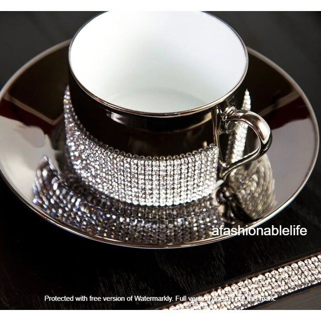 2000 - 2009 Sophie Villepigue, Paris Limoges Platinum Porcelain Swarovski Paved Tea Pot Creamer Sugar & Cups + Tray 12 Pieces For Sale - Image 5 of 17