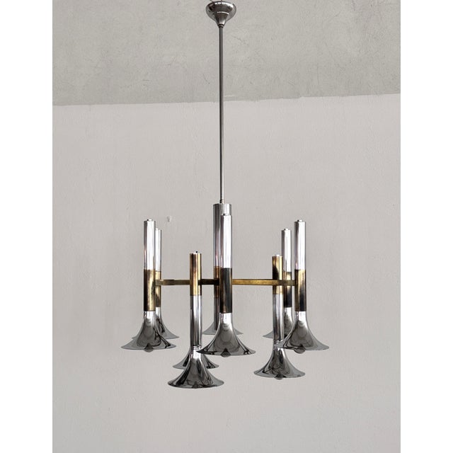 Large Italian Chrome and Brass Trumpet Chandelier attributed to Lumi Milano, 1970s For Sale - Image 11 of 18