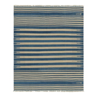 Rug & Kilim's Contemporary Dhurrie Rug in Blue and Beige Stripes - 8x10 For Sale