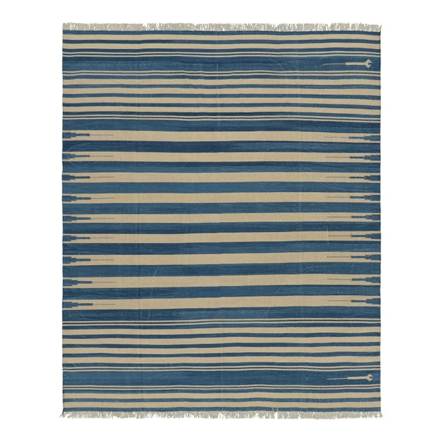 Rug & Kilim's Contemporary Dhurrie Rug in Blue and Beige Stripes - 8x10 For Sale