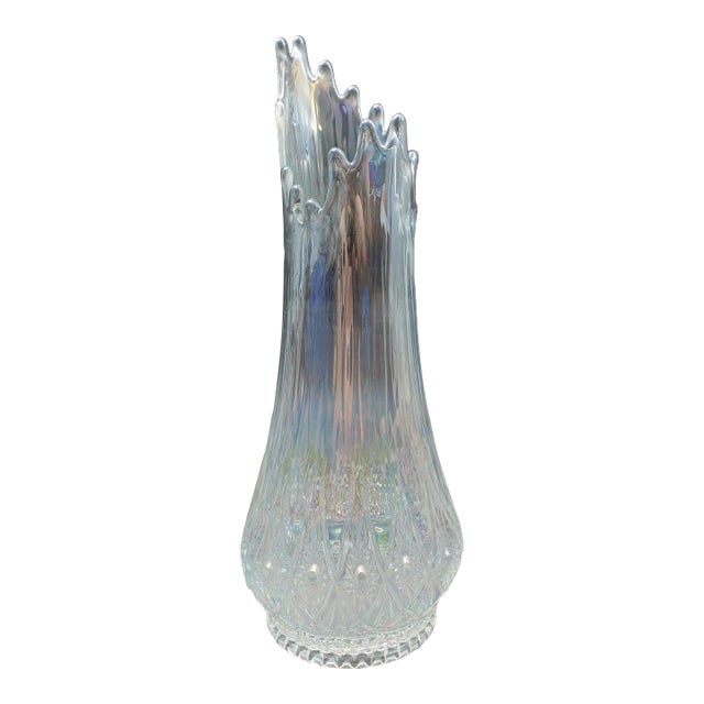 Mid 20th Century L.E. Smith Clear Iridescent Carnival Glass Swung Vase For Sale