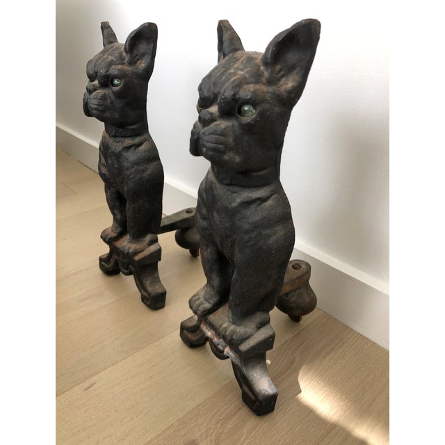 Early 20th Century Cast Iron French Bulldog Fireplace Andirons Set of
