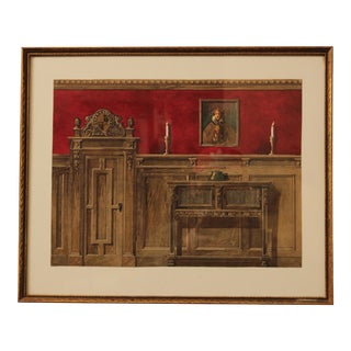 John H. Burl Vintage Colored Watercolor Drawing Interior Scene For Sale