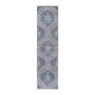 2010s Gray Real Silk With Textured Wool Mughal Design Hand Knotted Runner Oriental Rug For Sale