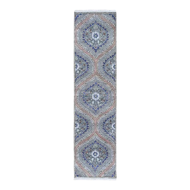 2010s Gray Real Silk With Textured Wool Mughal Design Hand Knotted Runner Oriental Rug For Sale