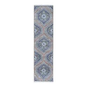 2010s Gray Real Silk With Textured Wool Mughal Design Hand Knotted Runner Oriental Rug