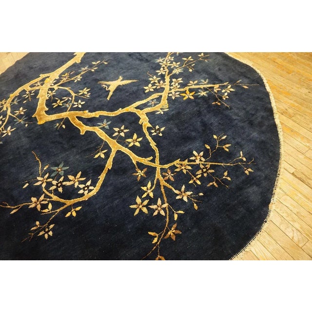 1920s Navy Blue Birds Flowers Antique Oval Chinese Peking Carpet 7'8" X 9'8" Knotted Wool Rug For Sale - Image 9 of 12