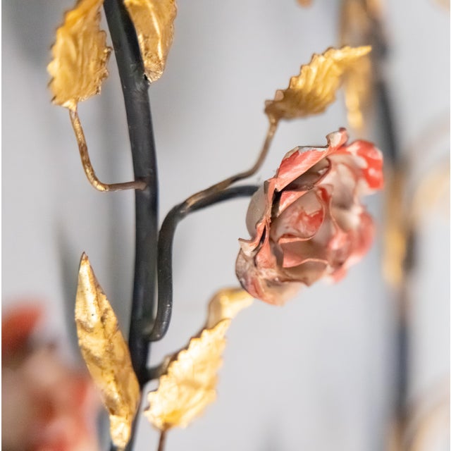 Romantic Vintage Italian Gilt Tole & Red Roses Candle Wall Sconce For Sale - Image 4 of 9