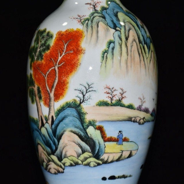 Turquoise Vintage Chinese Enameled "Landscape" Vase With Turquoise Base, "Qianlong" Mark - 623g For Sale - Image 8 of 9