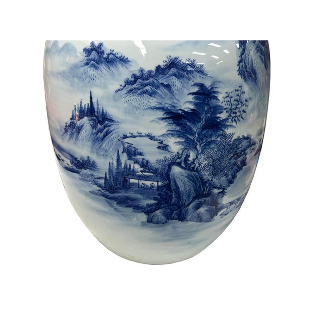 Chinese Blue White Handpaint Mountain Tree Scenery Porcelain Vase For Sale - Image 10 of 14