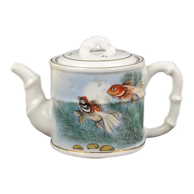 Chinese Vintage Porcelain Tea Pot China Famille Rose Porcelain Tea Pot Hand Painted Goldfish Pattern For Sale