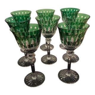1980s St Louis Crystal "Tommy" Green Cut to Clear Wine Glasses. Set of 8 For Sale