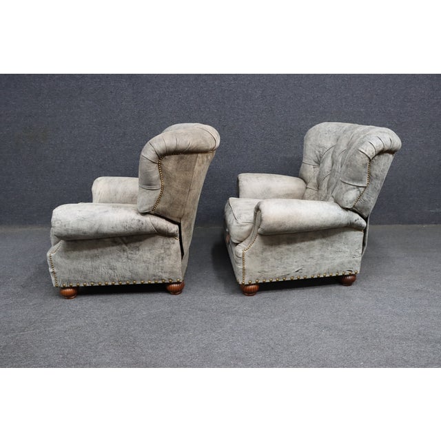 Gray Pair of Leathercraft Inc. Distressed Gray Tufted Leather Recliner Club Chairs For Sale - Image 8 of 18