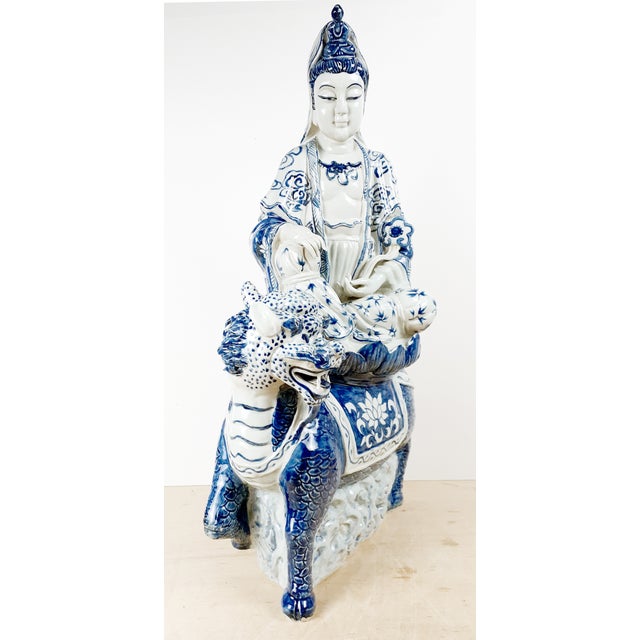 Blue Chinese Blue and White Porcelain Seated Kuan Yin on a Qilin For Sale - Image 8 of 15